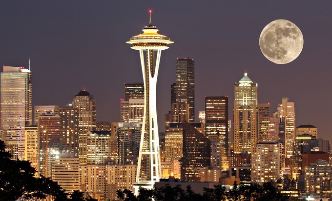 Seattle with a full moon, USA